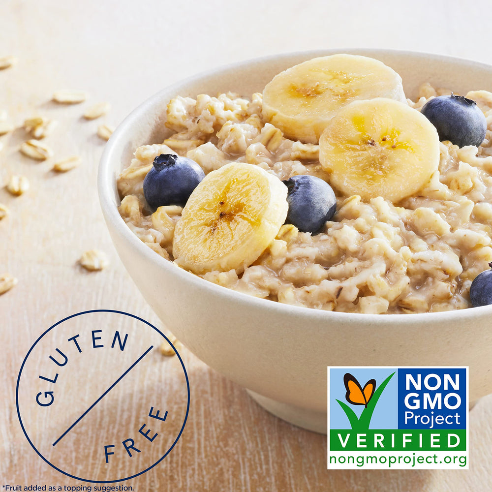 Toppings setup with Quaker oatmeal suggests berries, nuts, and honey for variety.
