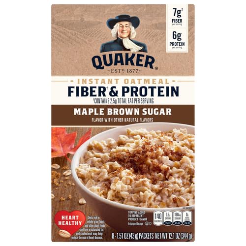 Quaker Instant Oatmeal maple brown sugar front packaging, convenient breakfast option.