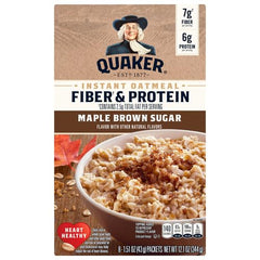 Quaker Instant Oatmeal maple brown sugar front packaging, convenient breakfast option.