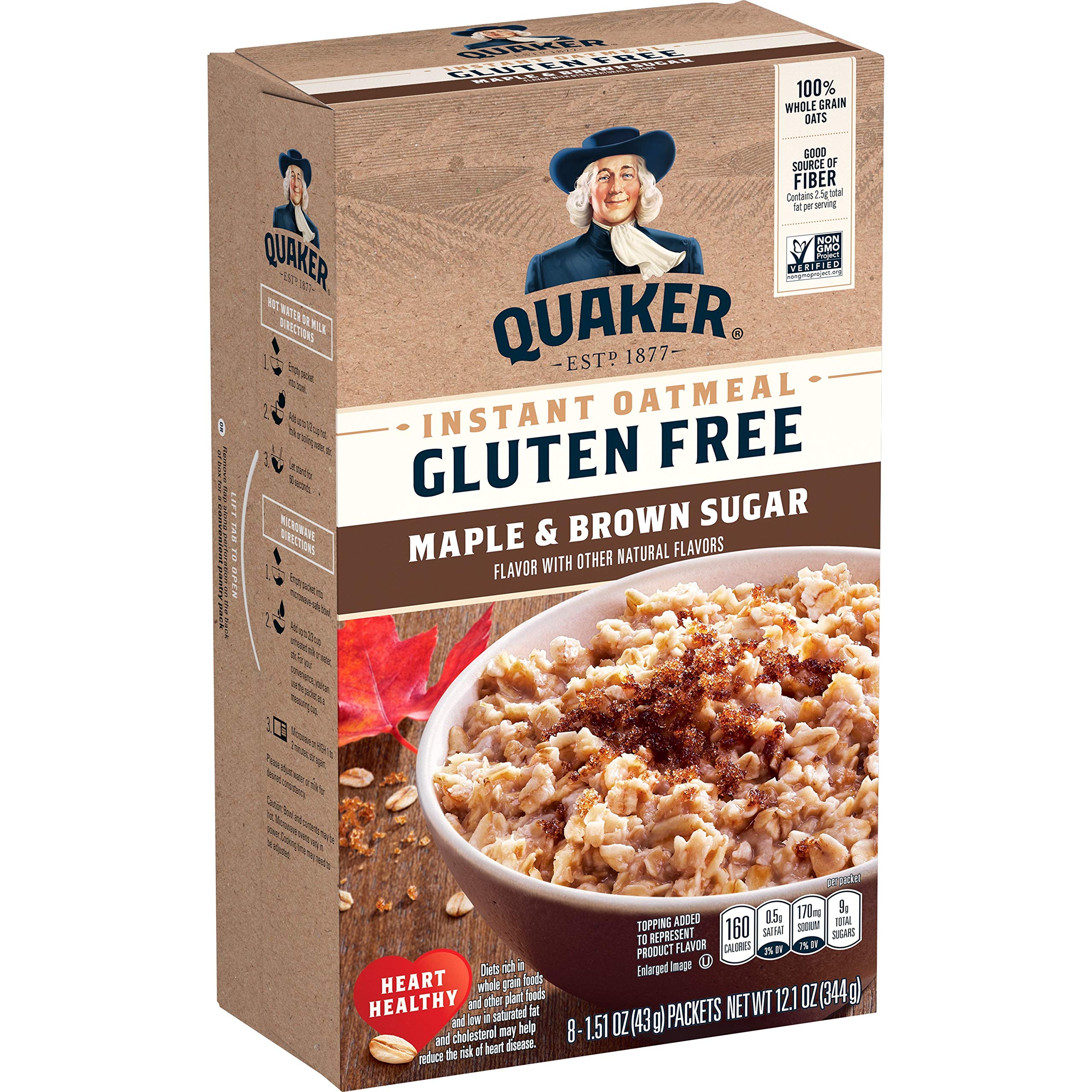 Quaker maple brown sugar gluten-free oatmeal pack for a quick, fiber-rich breakfast