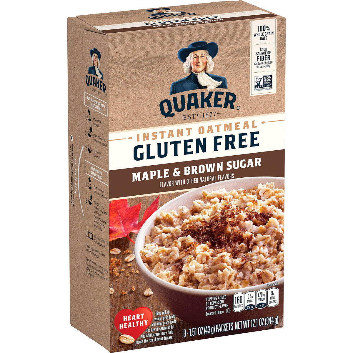 Quaker maple brown sugar gluten-free oatmeal pack for a quick, fiber-rich breakfast