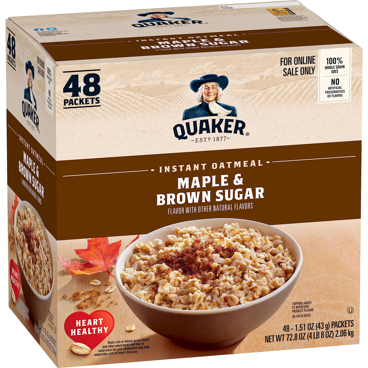 Quaker Instant Oatmeal Maple & Brown Sugar packets provide a quick breakfast option.
