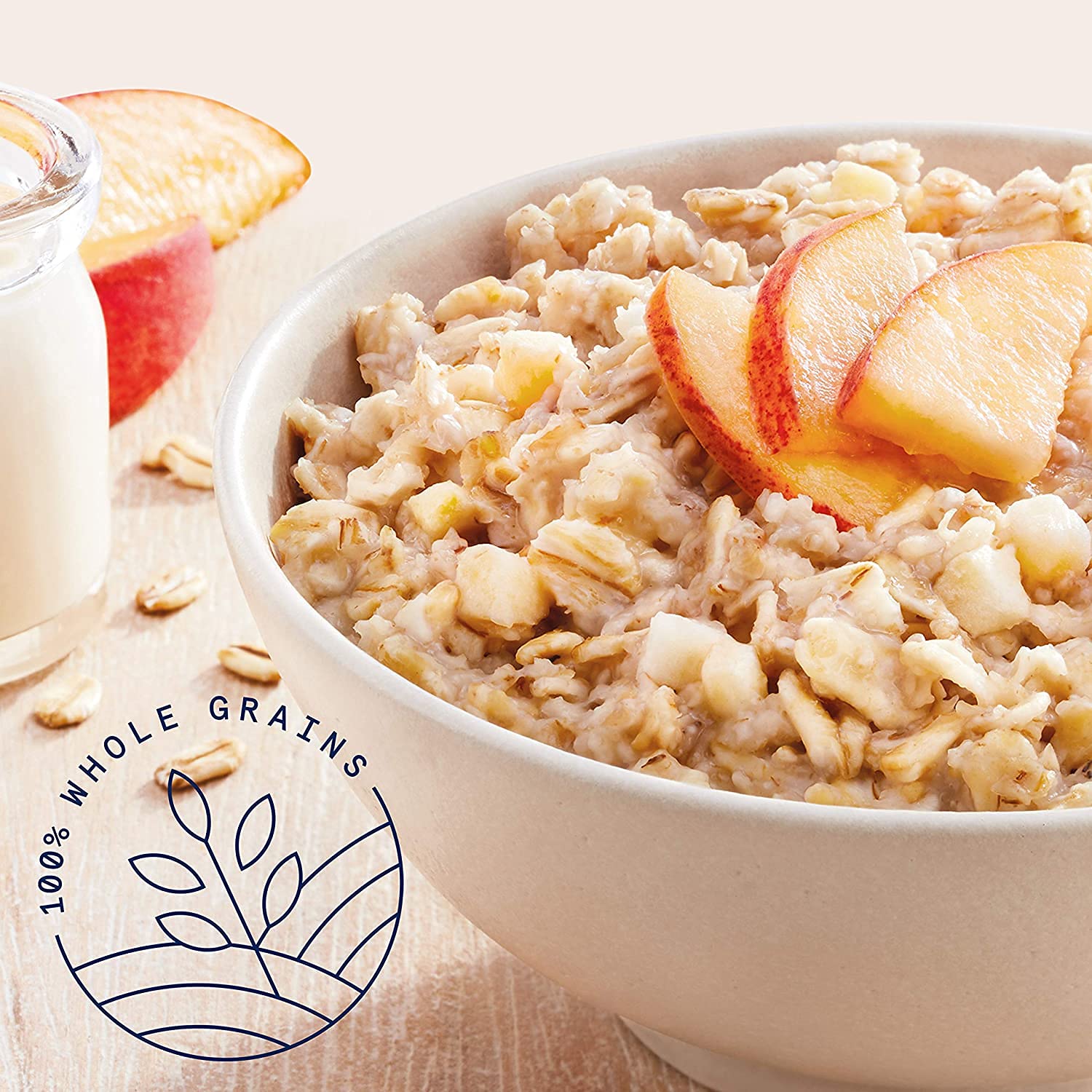 Quaker Instant Oatmeal Peaches & Cream packet close-up highlighting no artificial flavors