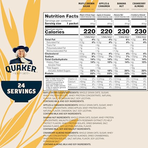 Quaker Instant Oatmeal Protein Apples Cinnamon packet with a steaming bowl nearby.