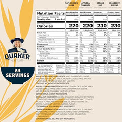 Quaker Instant Oatmeal Protein Apples Cinnamon packet with a steaming bowl nearby.