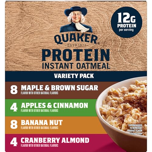 Quaker Instant Oatmeal Protein Banana Nut packet beside fresh banana slices.