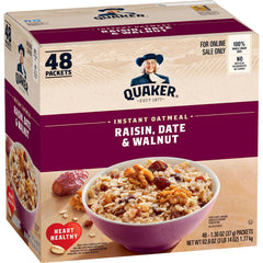 Quaker Instant Oatmeal Raisin Date Walnut pack front, ready-to-eat breakfast option.