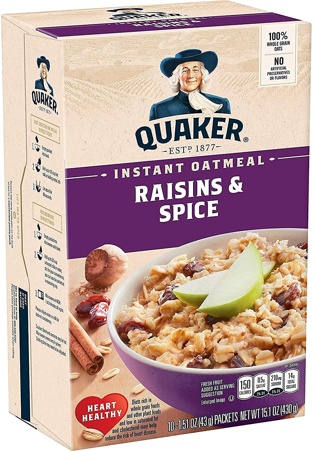Quaker Instant Oatmeal Raisin & Spice packaging for a quick breakfast option.
