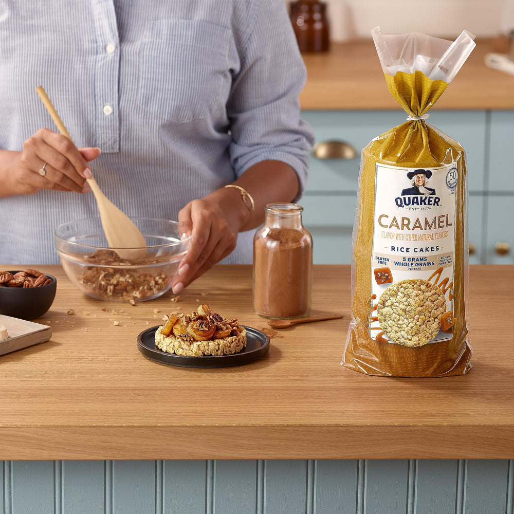 Quaker large rice cakes apple cinnamon close-up, inviting breakfast or snack option.
