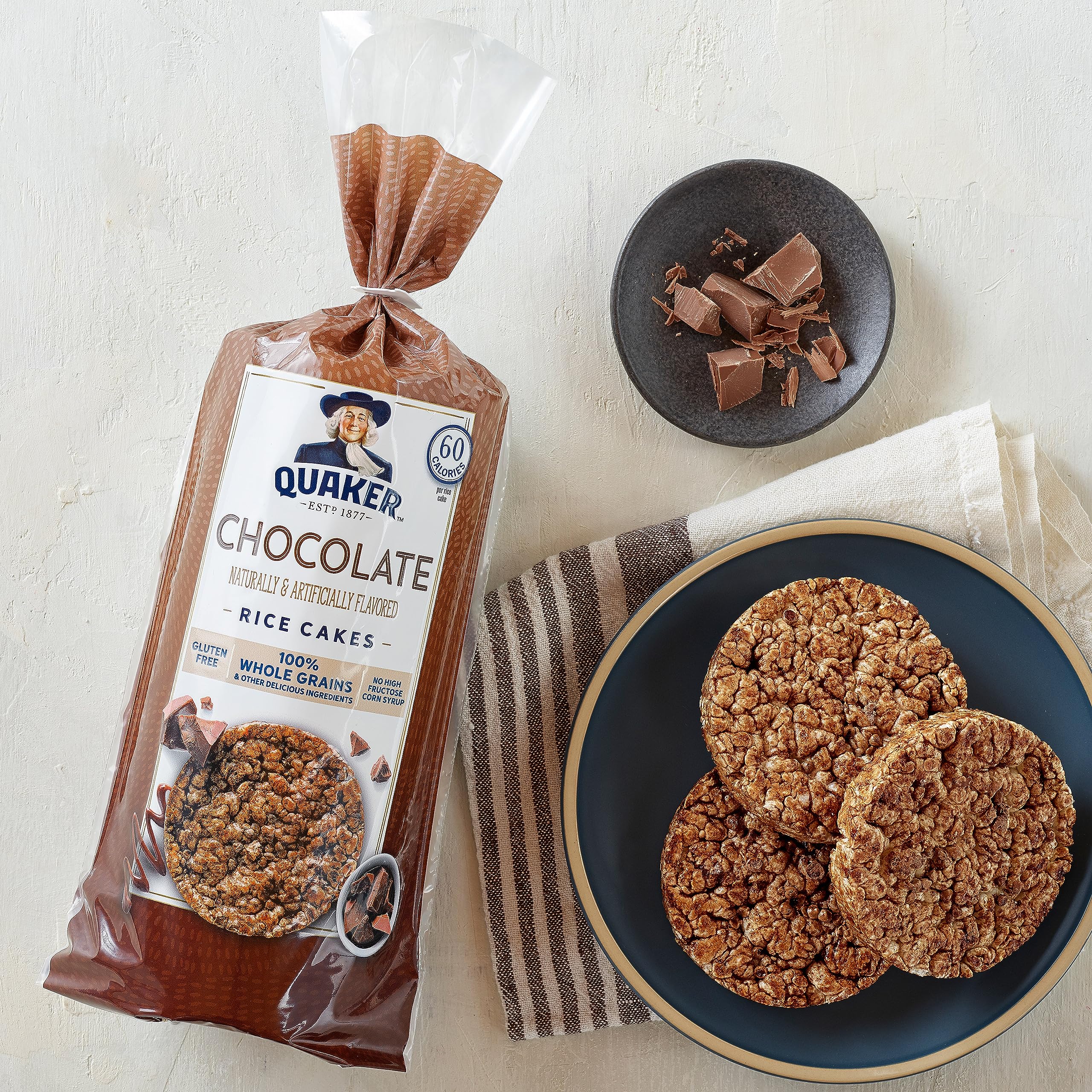 Quaker Large Rice Cakes Chocolate plain serving on plate for light grazing