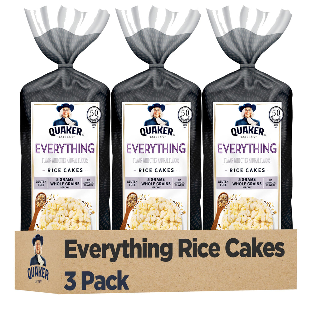 Quaker Large Rice Cakes Everything flavor 3-pack on shelf, ready to snack.