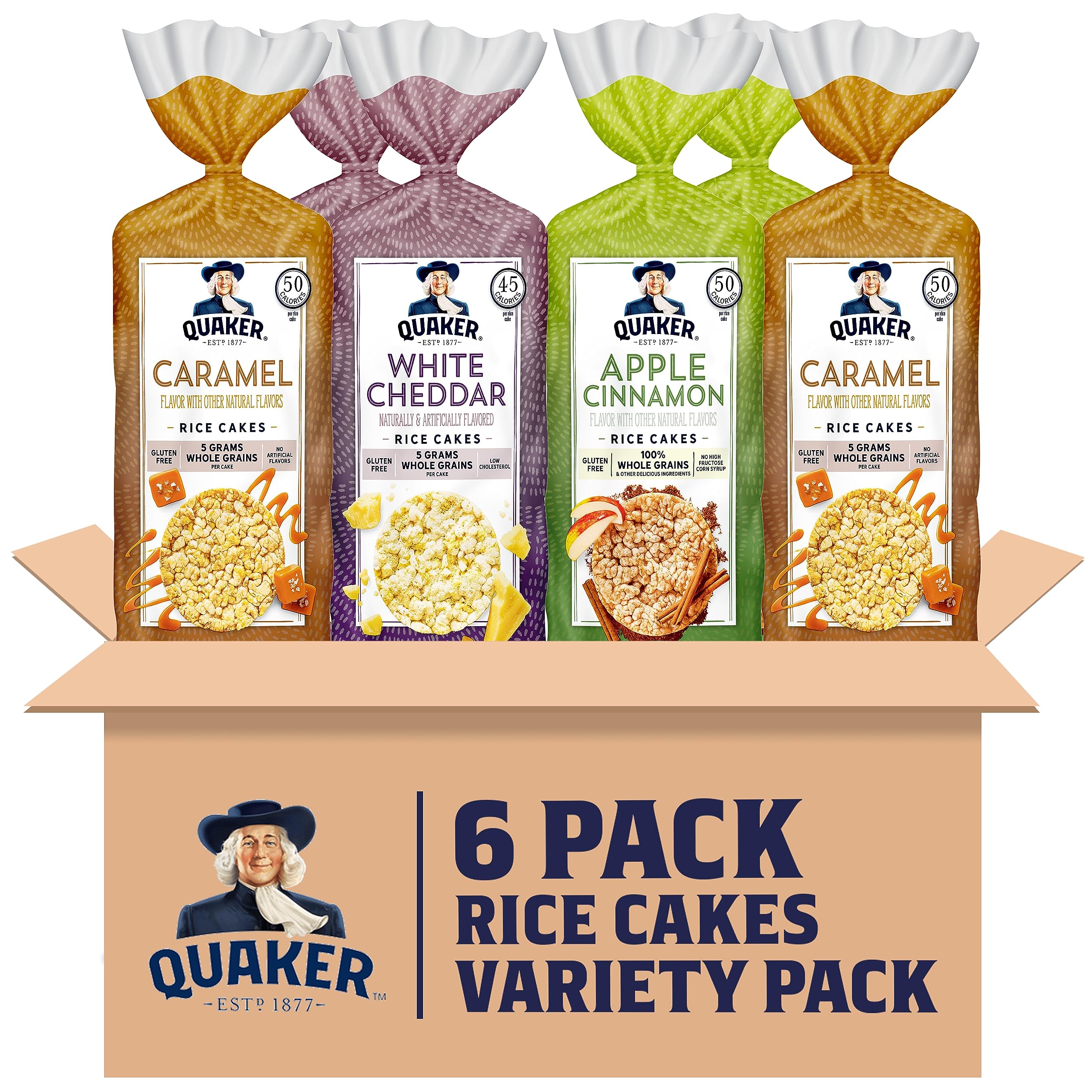 Quaker large rice cakes variety pack on shelf for quick gluten-free snacking.