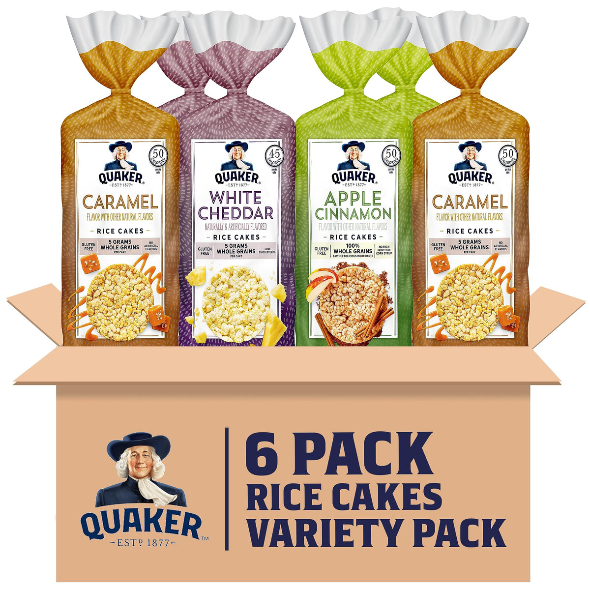 Quaker large rice cakes variety pack on shelf for quick gluten-free snacking.