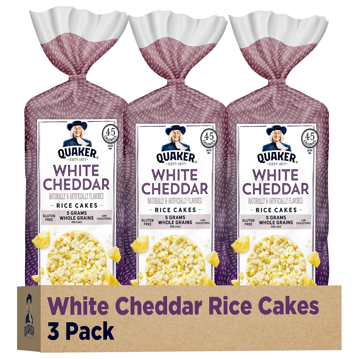 Quaker Large Rice Cakes White Cheddar front view, ready for tasty toppings.