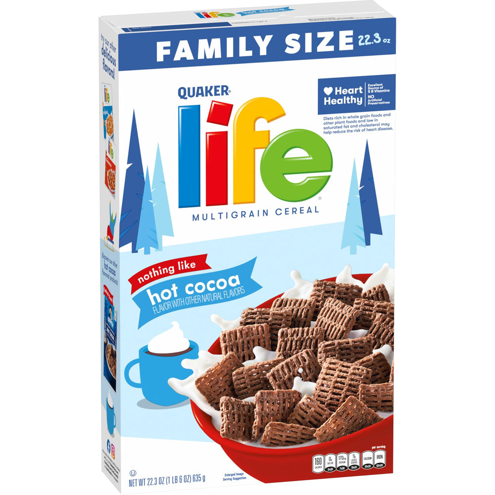 Quaker Life Multigrain Hot Cocoa cereal box front, inviting family breakfast choice