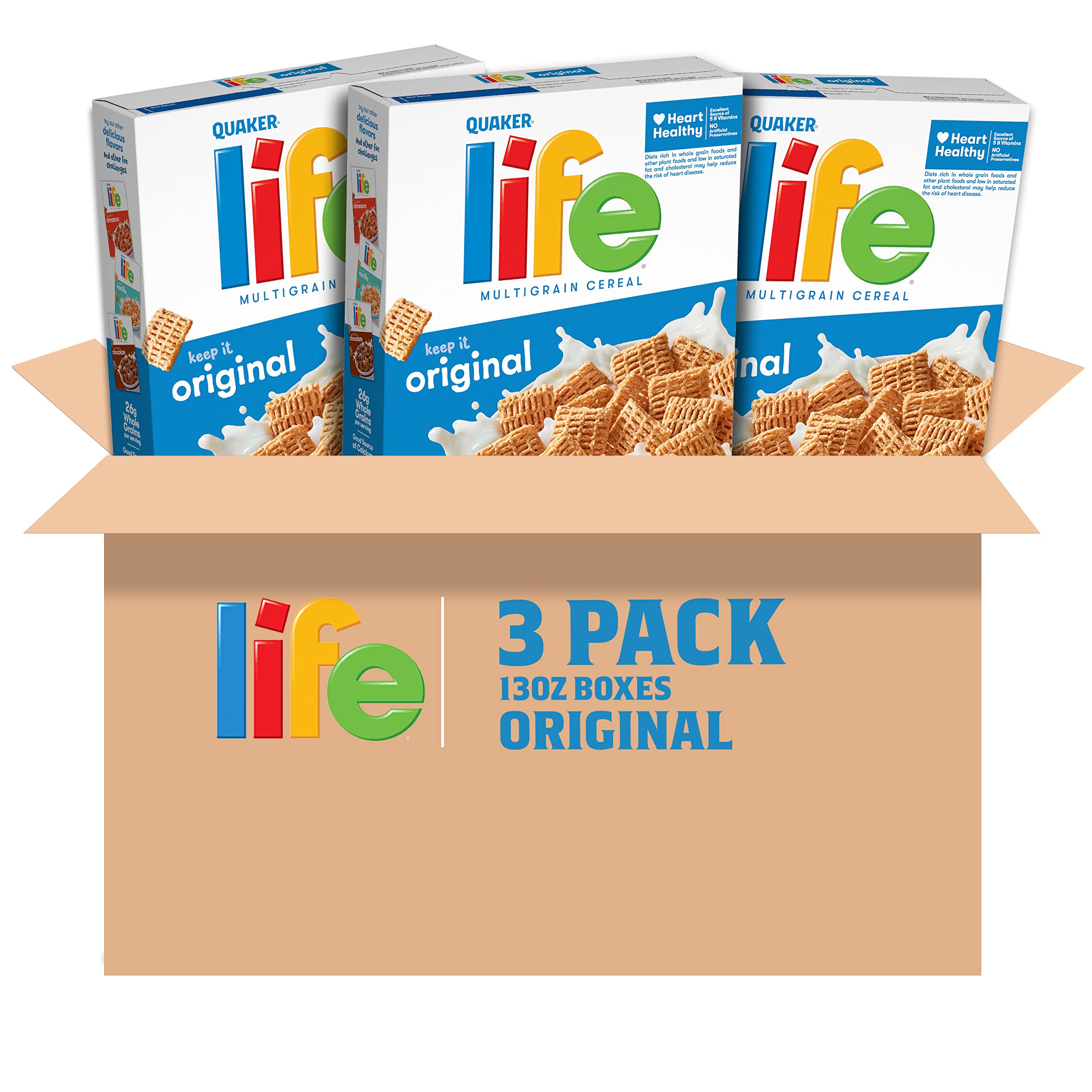 Quaker Life Original cereal box front highlights wholesome oats and trusted branding.