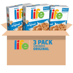 Quaker Life Original cereal box front highlights wholesome oats and trusted branding.
