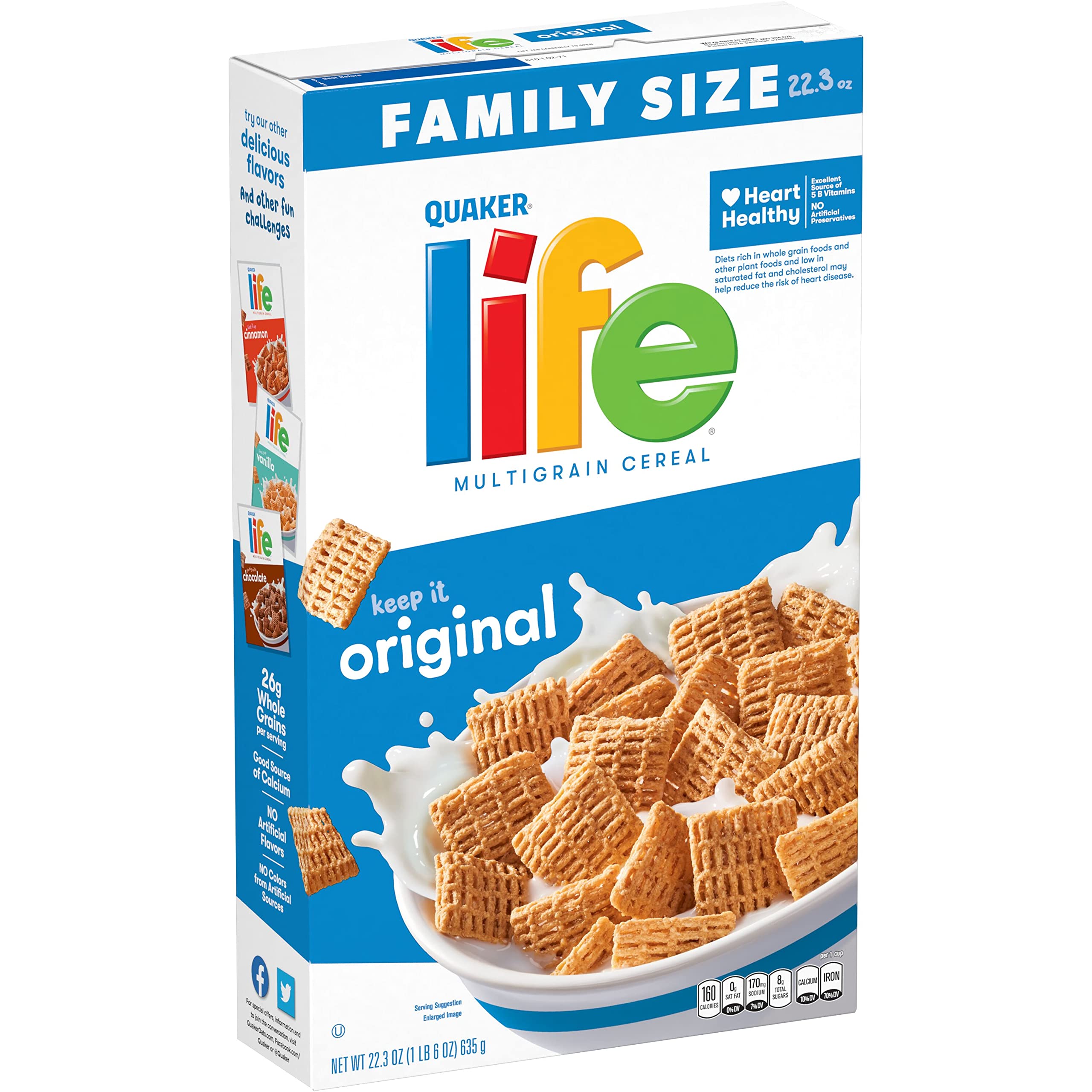 Quaker Life Original cereal box showcasing wholesome breakfast for the family.