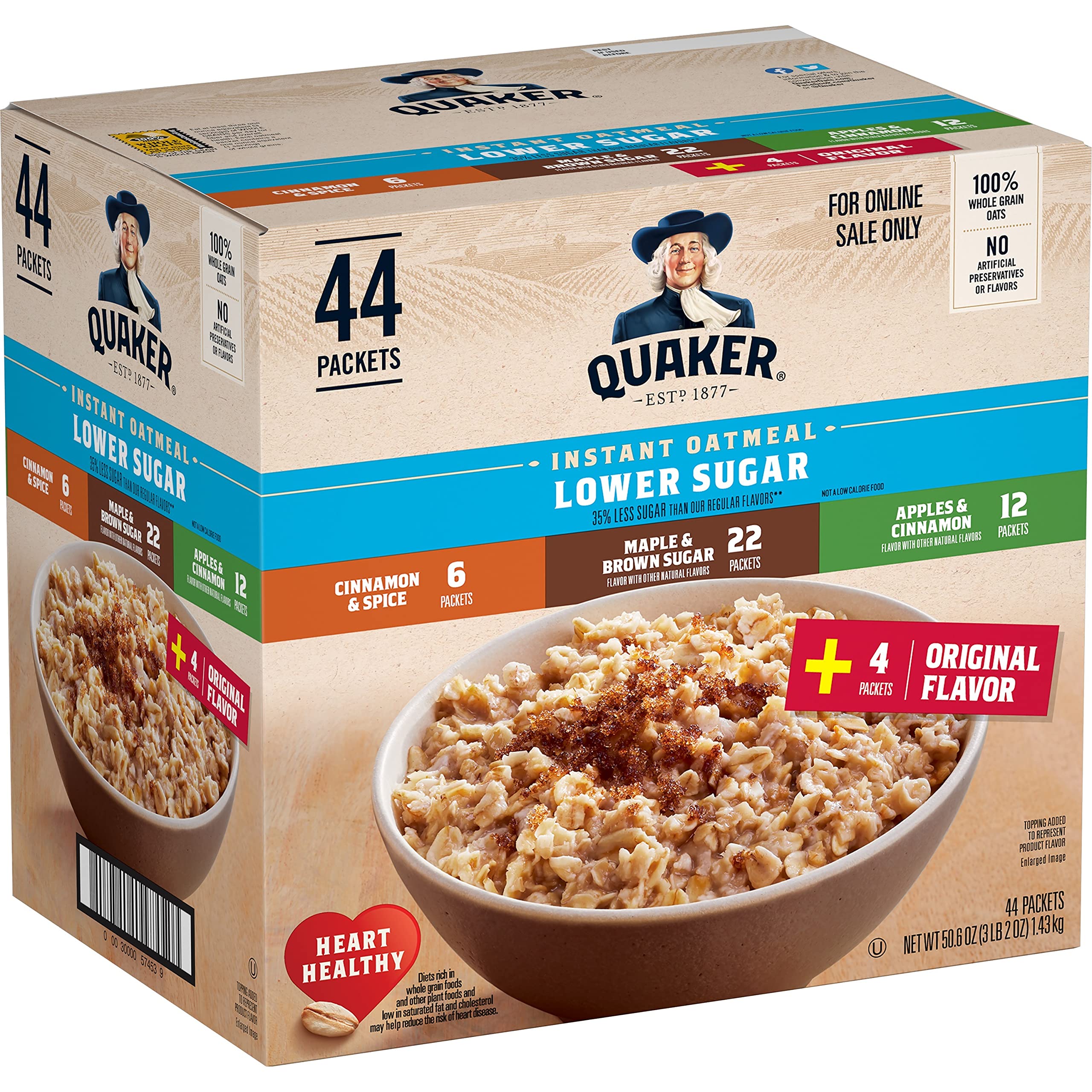 Quaker Lower Sugar Instant Oatmeal front view, quick breakfast option