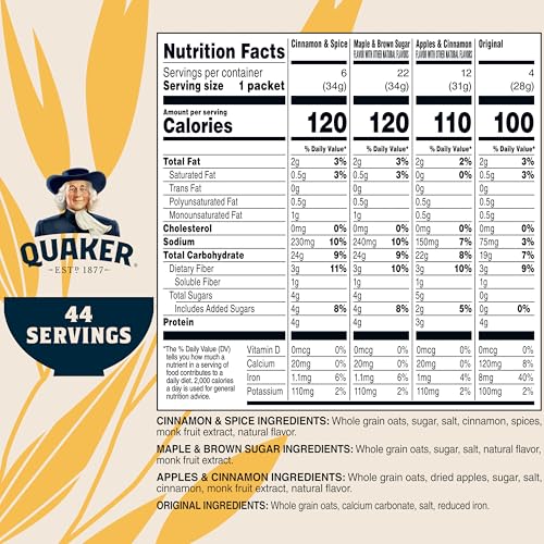 Quaker Lower Sugar Instant Oatmeal variety pack flavors shown, fiber-rich morning choice