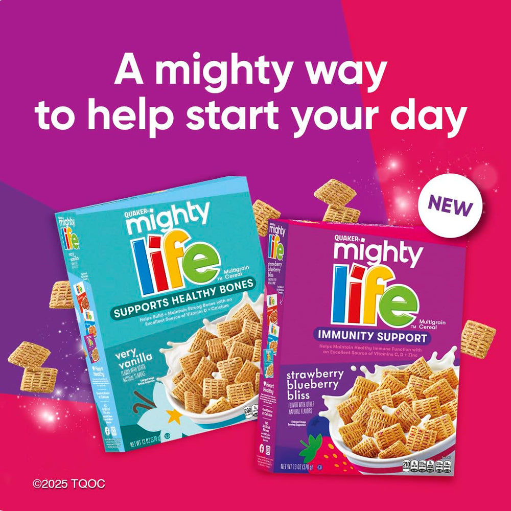 Quaker Mighty Life multigrain bowl served with milk for a balanced breakfast.