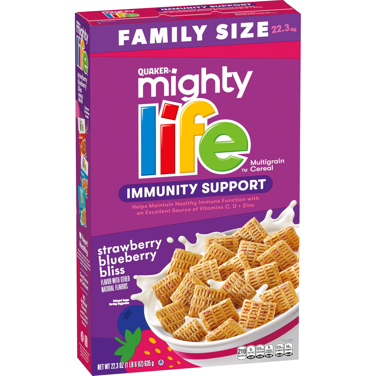 Quaker Mighty Life Multigrain cereal bowl featuring strawberry blueberry bliss for a tasty morning