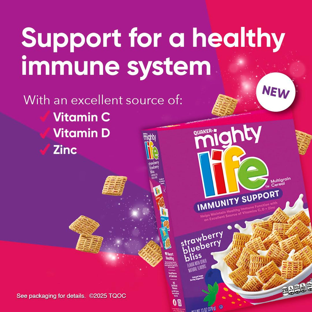 Quaker Mighty Life multigrain cereal family size packaging on kitchen table