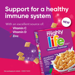 Quaker Mighty Life multigrain cereal family size packaging on kitchen table
