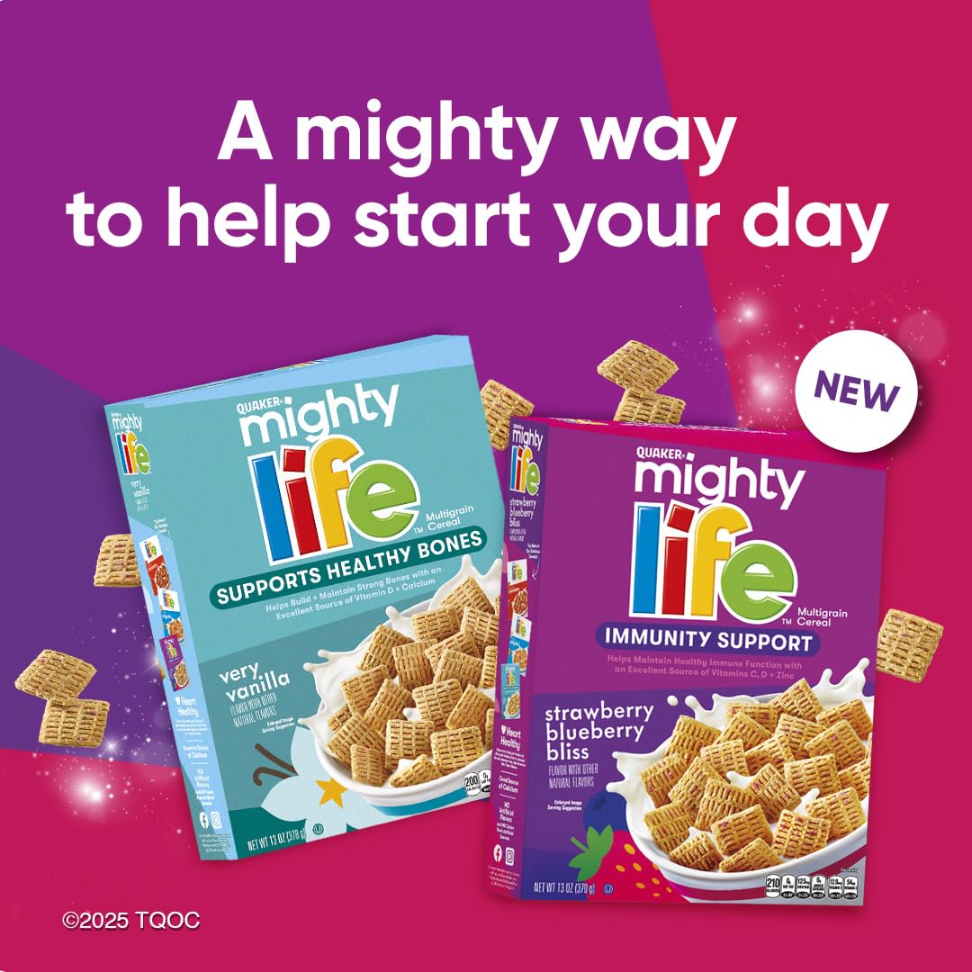 Quaker Mighty Life cereal ingredients highlighting immunity nutrients like zinc