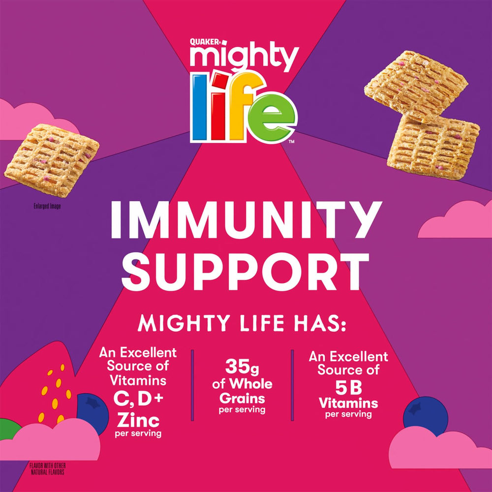 Quaker Mighty Life cereal serving size shown in a bowl with milk
