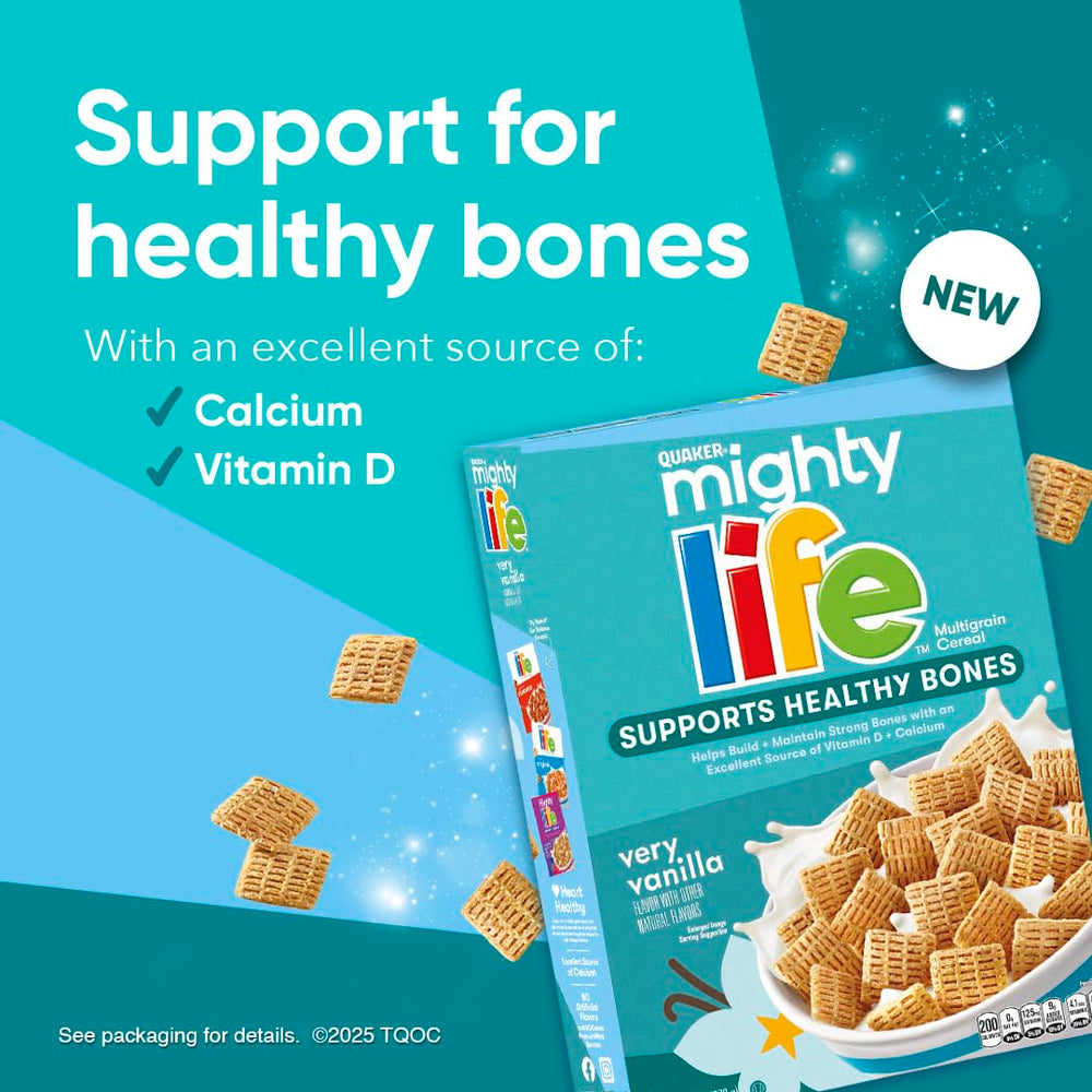Quaker Mighty Life multigrain nutrition panel emphasizes vitamins and minerals.
