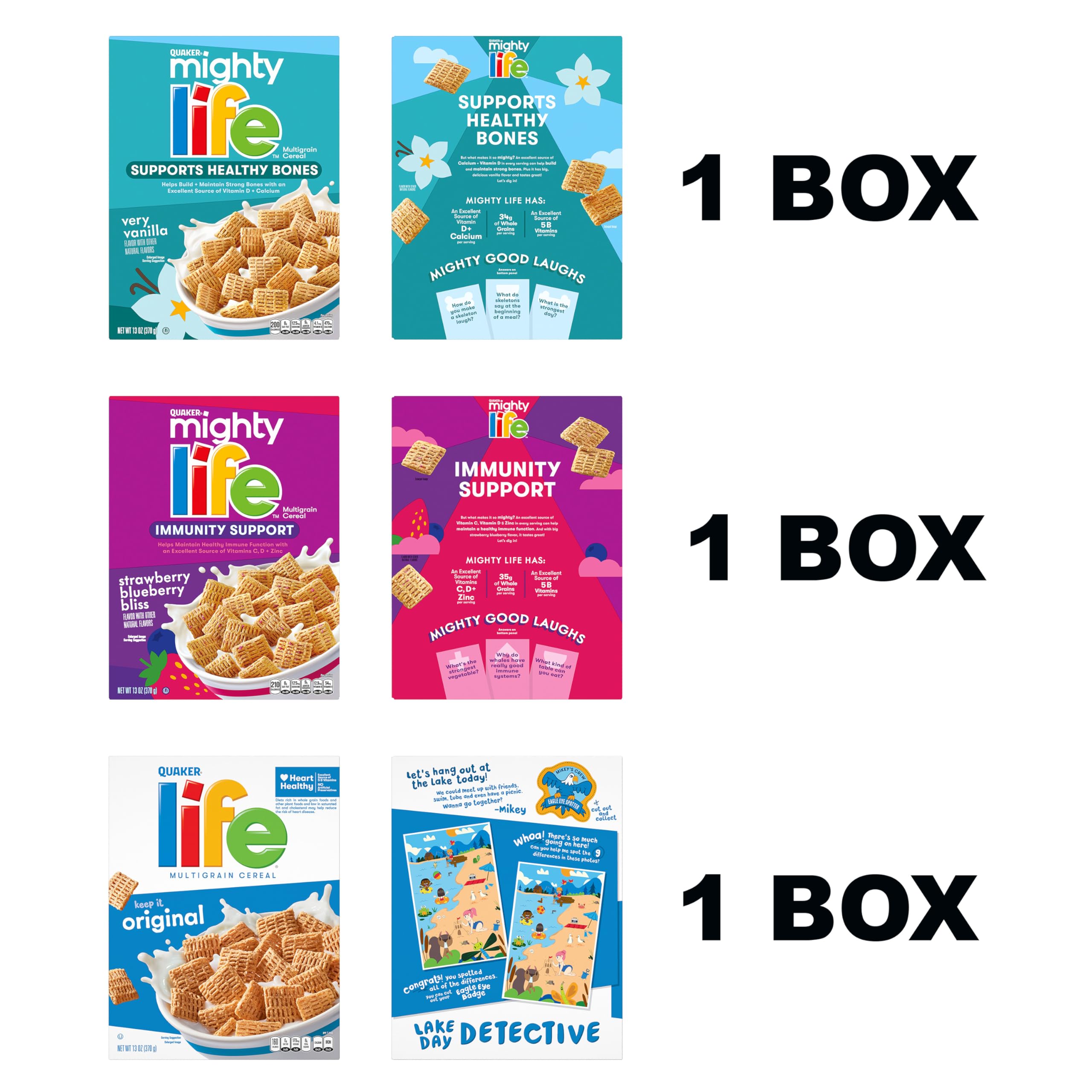 Quaker Mighty Life multigrain strawberry blueberry bliss box, fruity flavor variety.