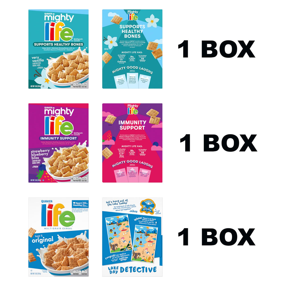 Quaker Mighty Life multigrain strawberry blueberry bliss box, fruity flavor variety.