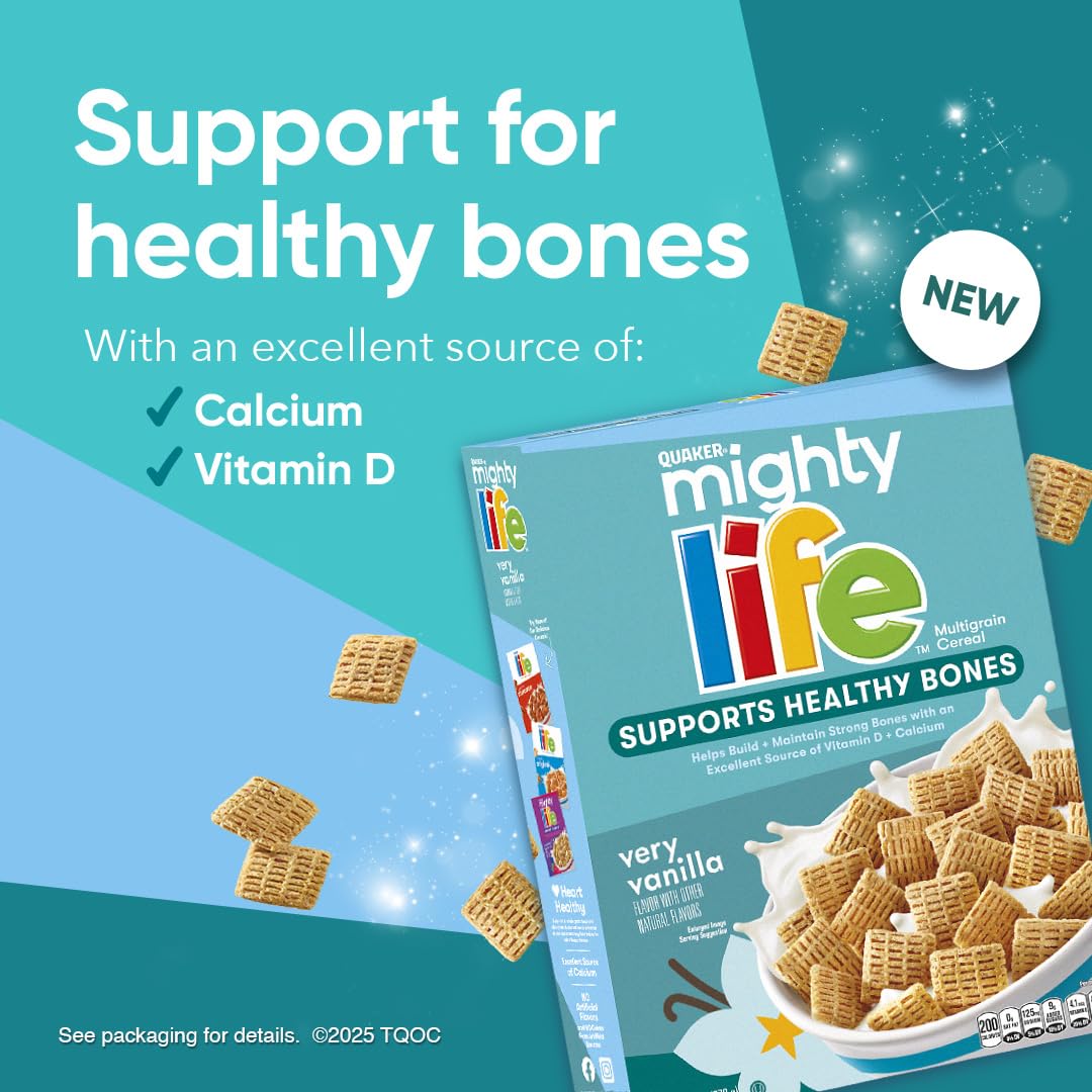 Quaker Mighty Life Vanilla flavor close-up with milk