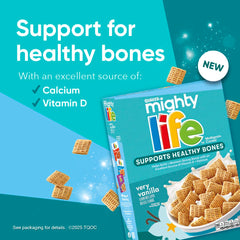Quaker Mighty Life Vanilla flavor close-up with milk