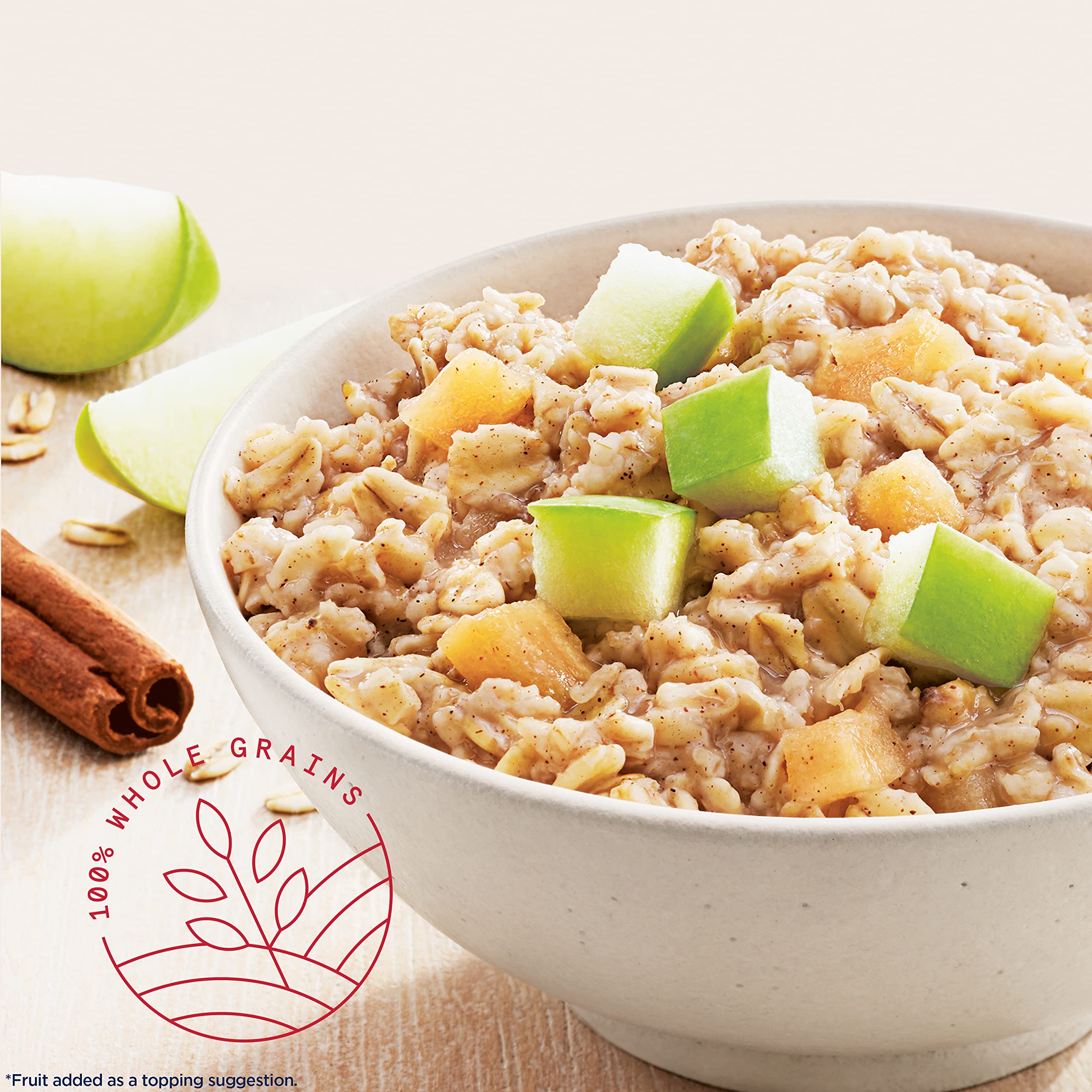 Open Quaker oatmeal packet reveals apples and cinnamon aroma.