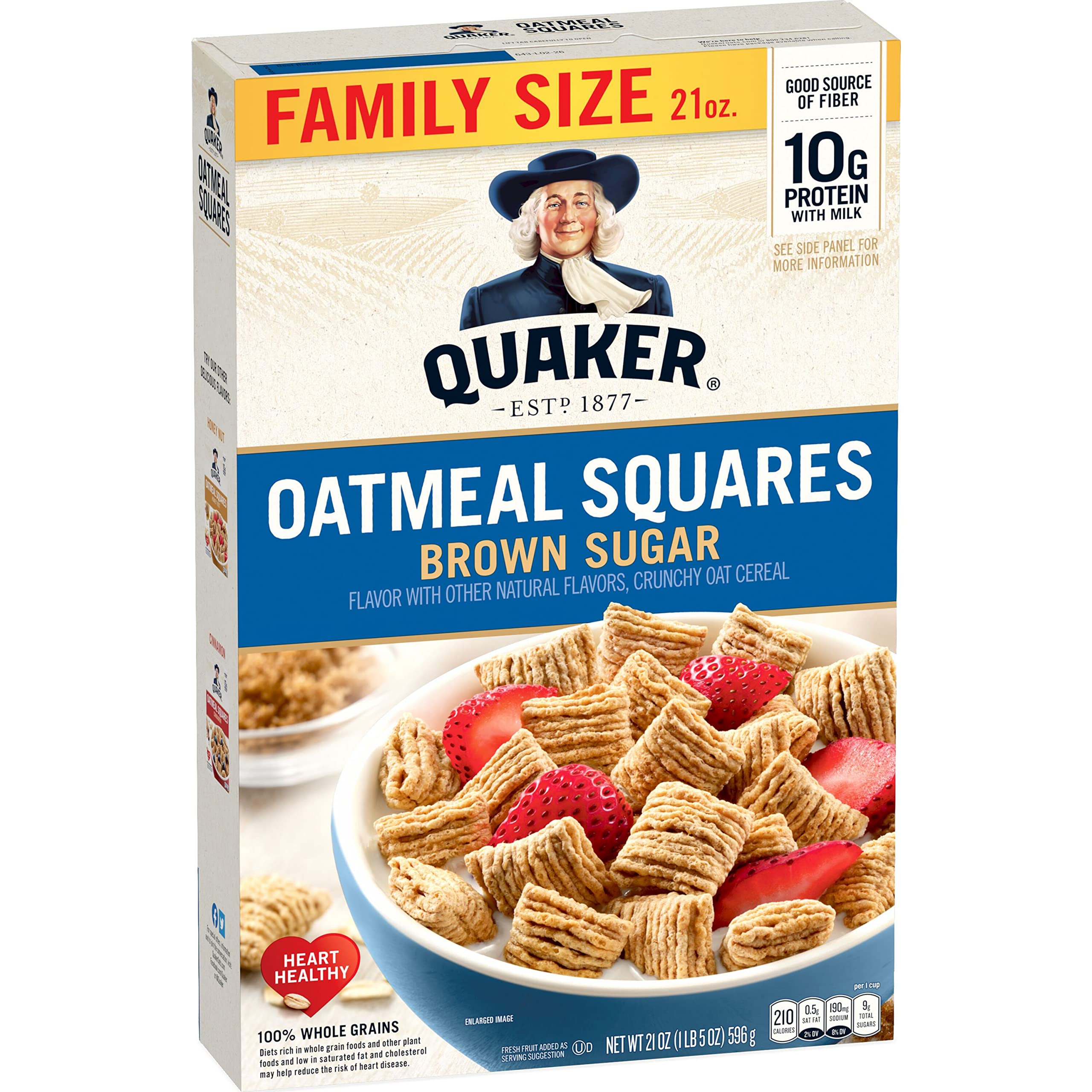 Quaker Oatmeal Squares Brown Sugar cereal box front highlighting whole grains for a hearty breakfast.