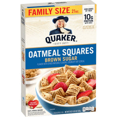 Quaker Oatmeal Squares Brown Sugar cereal box front highlighting whole grains for a hearty breakfast.