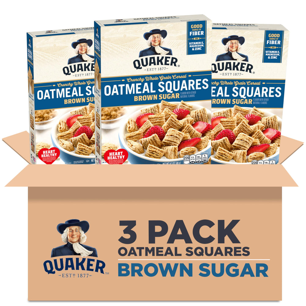 Quaker Oatmeal Squares brown sugar boxes showcase the 3-pack for easy morning prep.