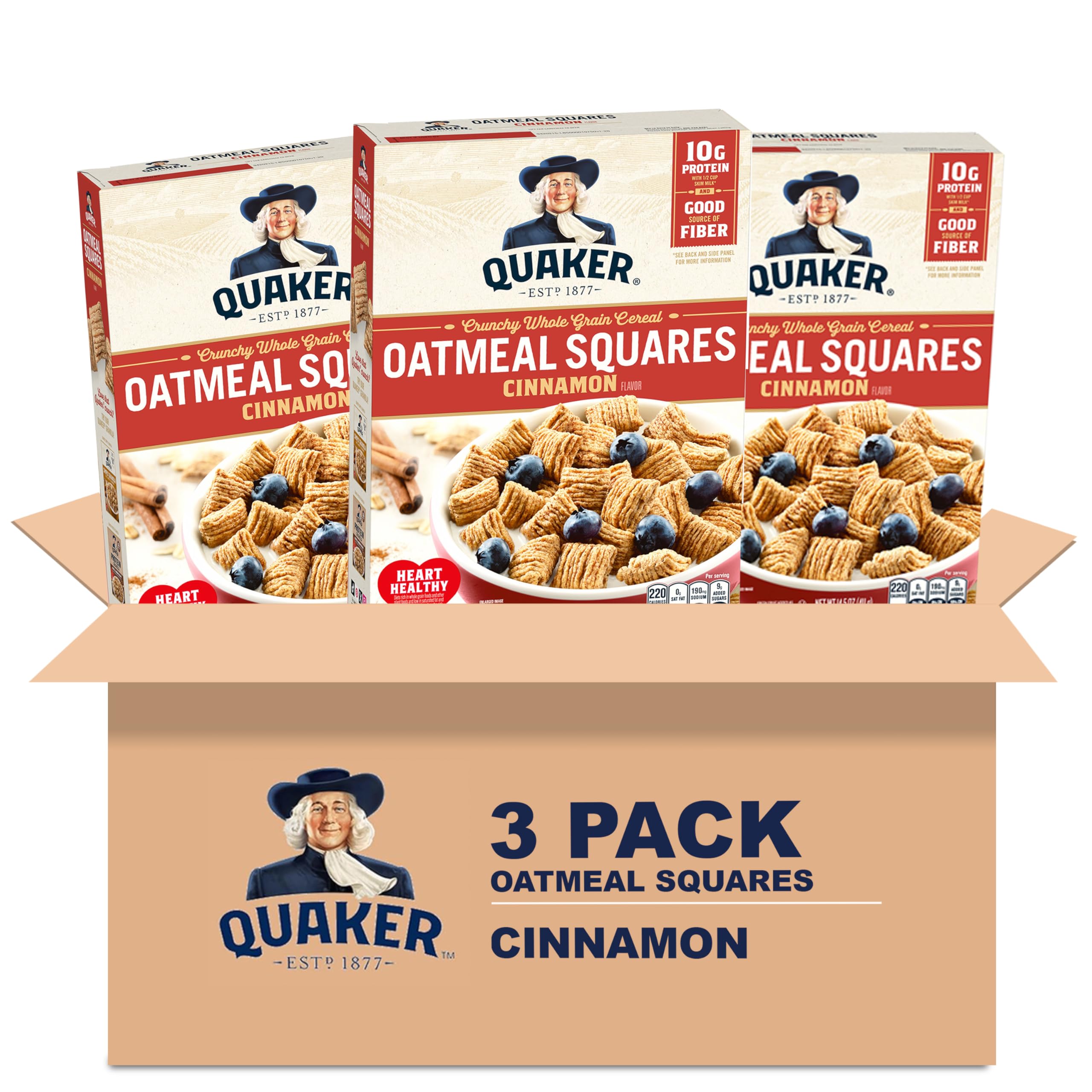 Quaker Oatmeal Squares Cinnamon box front highlights whole grains and fiber