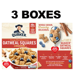 Quaker Oatmeal Squares Cinnamon packaging emphasizes convenient 14.5 oz boxes