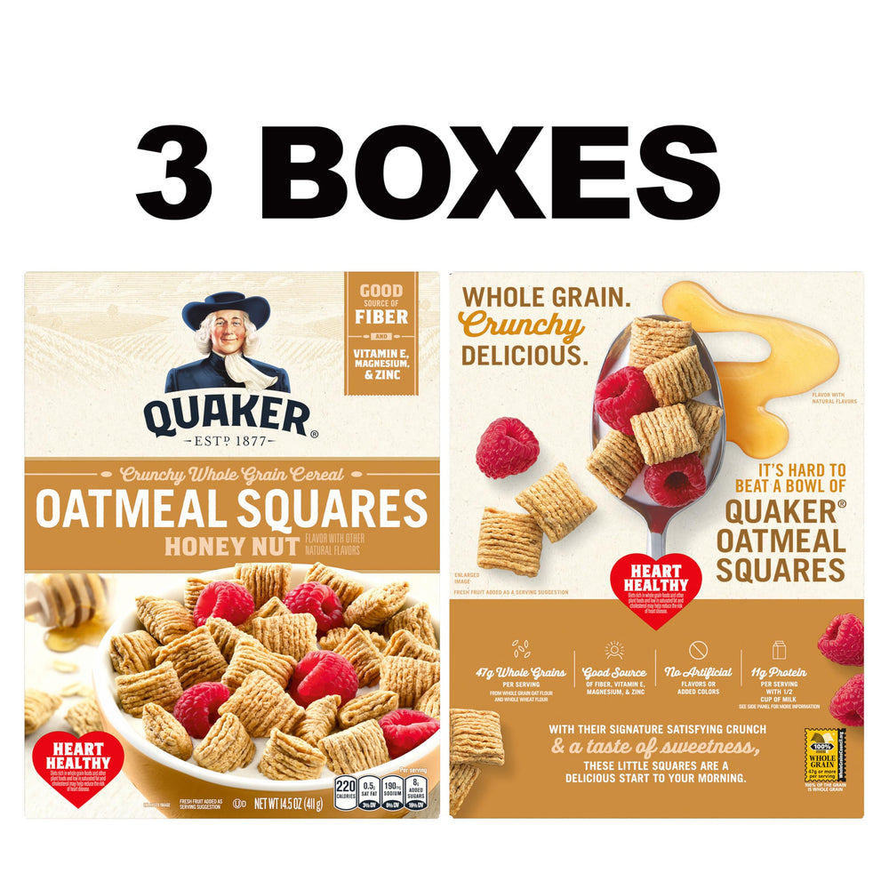 Serving bowl scene with Quaker Oatmeal Squares Honey Nut for a quick breakfast.