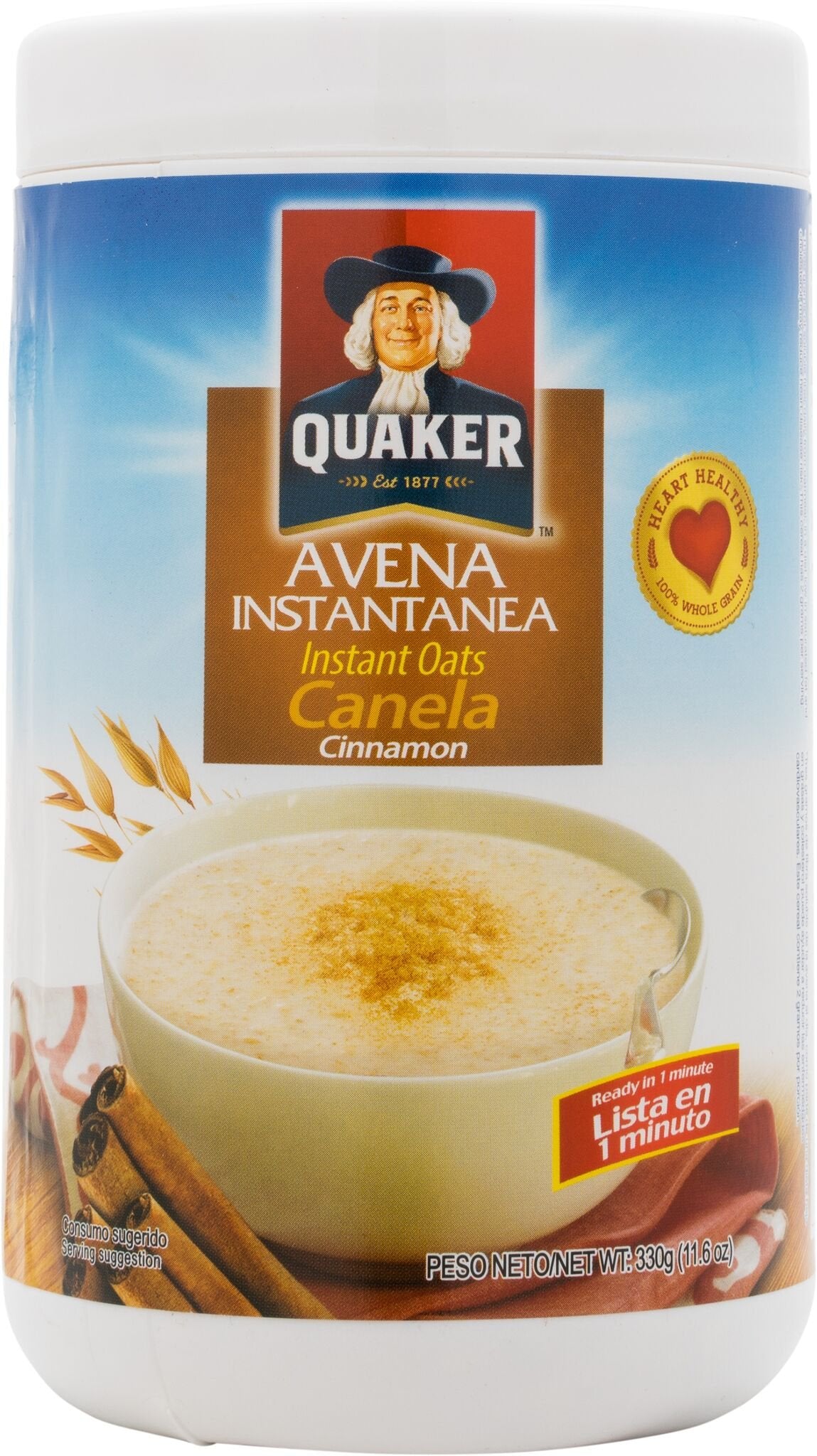 Quaker Oats Cinnamon cereal packaging offers a quick breakfast option.