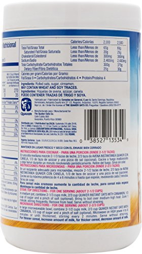 Quaker Oats Cinnamon cereal with milk highlights fiber and protein.