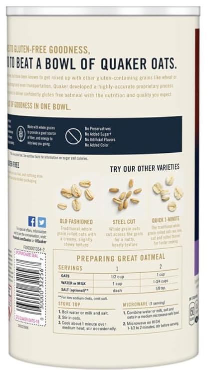 Quaker Oats gluten-free original porridge pack, convenient on-the-go breakfast option.