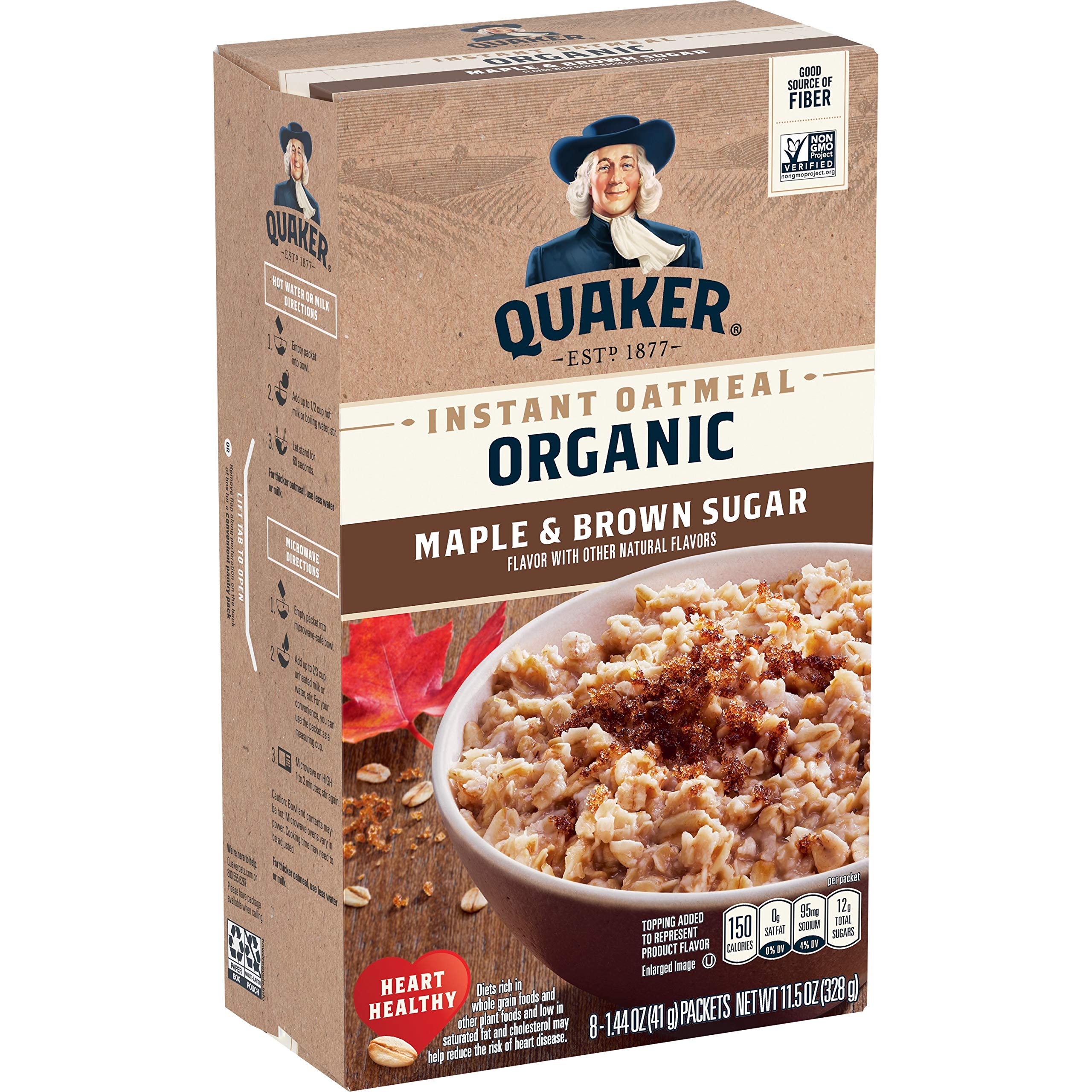 Quaker Organic Instant Oatmeal Maple & Brown Sugar, single-serve packet, quick breakfast option.