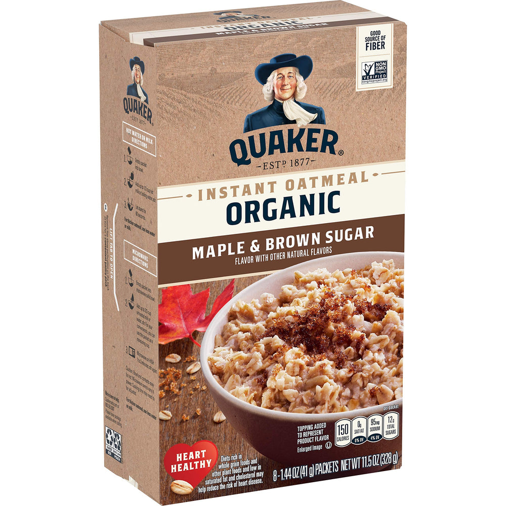 Quaker Organic Instant Oatmeal Maple & Brown Sugar, single-serve packet, quick breakfast option.