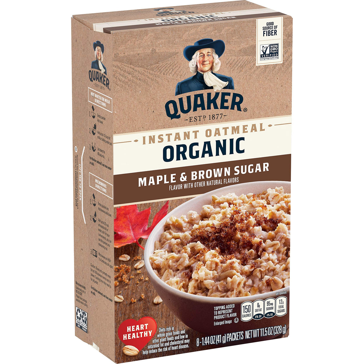 Quaker Organic Instant Oatmeal Maple & Brown Sugar, single-serve packet, quick breakfast option.