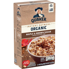 Quaker Organic Instant Oatmeal Maple & Brown Sugar, single-serve packet, quick breakfast option.