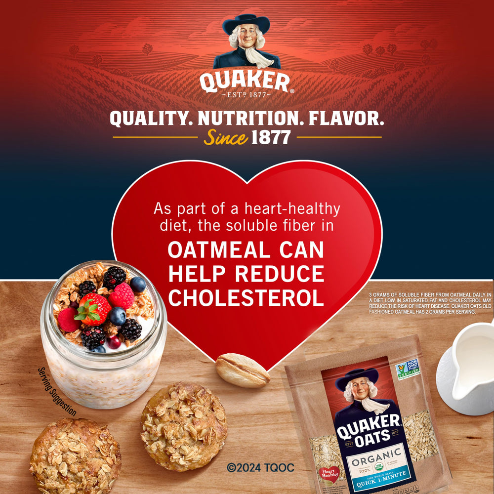 Quaker Organic Quick Cook Oatmeal label highlights Non-GMO verification for clean ingredients.